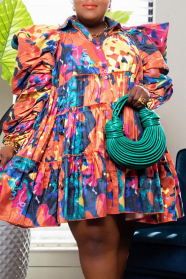 Camisa colorida com patchwork estampada casual gola camisa vestido vestidos tamanho grande