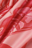 Pink Sexy Print Ausgehöhlte Patchwork-Falten-O-Ausschnitt-Bleistiftrock-Kleider