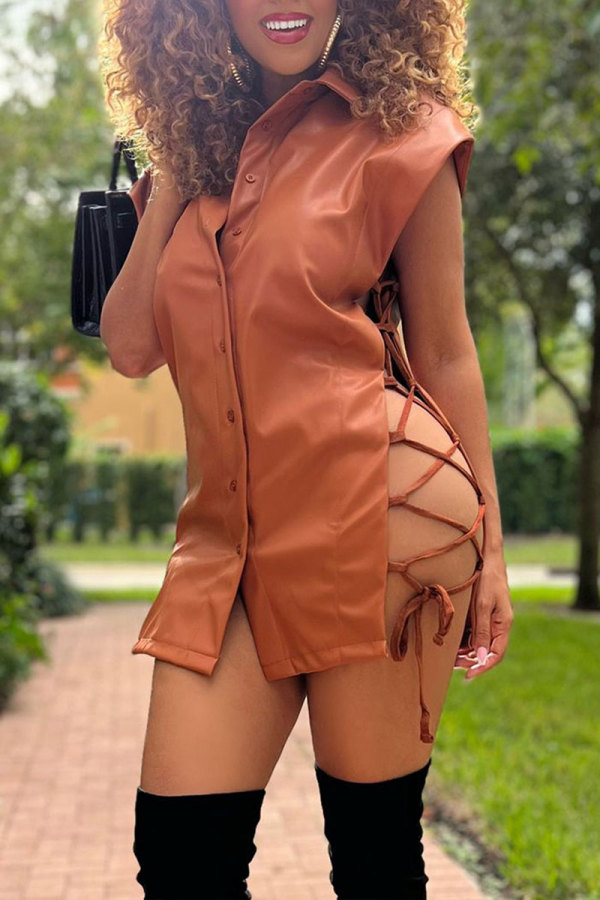 Naranja Sexy Street Sólido Frenulum Cardigan Camisa Cuello Envuelto Falda Vestidos
