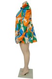 Blauw Oranje Casual Print Patchwork Overhemdkraag Overhemdjurk Grote maten jurken