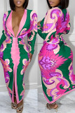 Inktgroene sexy casual print patchwork gleufvouw V-hals jurken met lange mouwen