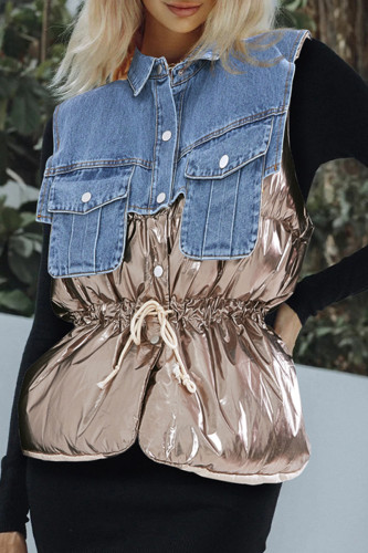 Gold Casual Denim Patchwork Sleeveless Turndown Collar Puffer Vest