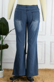 Mörkblå Casual Print Patchwork Plus Size Jeans