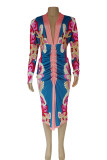 Red Sexy Casual Print Patchwork Slit Fold V Neck Long Sleeve Dresses