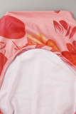 Vestidos de falda de lápiz con cuello en O y pliegues de patchwork ahuecados con estampado sexy rosa