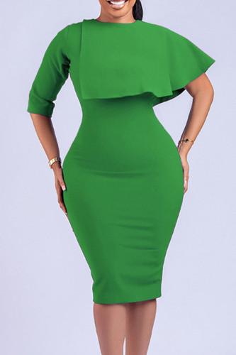 Green Casual Solid Patchwork Flounce O Neck One Step Skirt Dresses