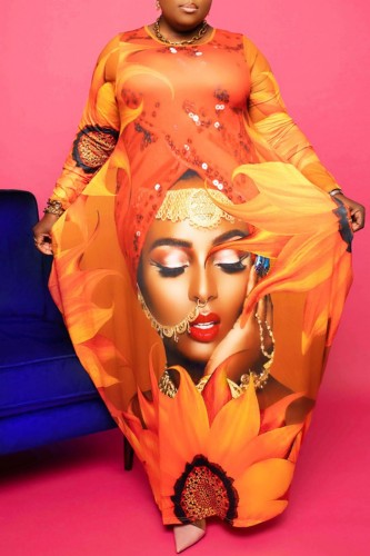 Orange Casual Print Basic O Neck Long Sleeve Plus Size Dresses