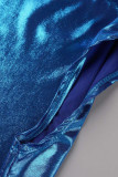 Azul Sexy Patchwork Sólido Gola Oblíqua Sem Mangas Duas Peças