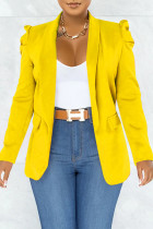 Prendas de abrigo con cuello vuelto de rebeca de patchwork sólido casual amarillo