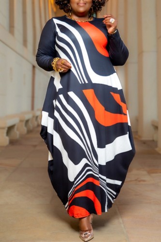 Stripe Casual Print Basic O Neck Long Sleeve Plus Size Dresses