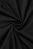 ブラック カジュアル ソリッド パッチワーク シースルー Oネック ロングスリーブ ドレス