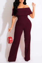Burgund Casual Solid Patchwork Off the Shoulder Boot Cut Jumpsuits