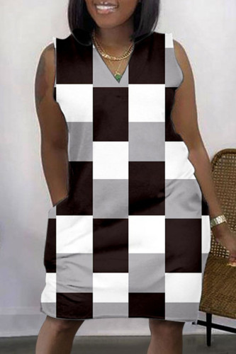 Black White Casual Print Basic V Neck Sleeveless Dress Dresses