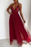 Red Sexy Formal Solid Sequins Patchwork Backless Slit Spaghetti Strap Evening Dress Dresses