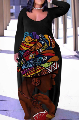 Black Casual Print Patchwork Basic V Neck Long Sleeve Plus Size Dresses