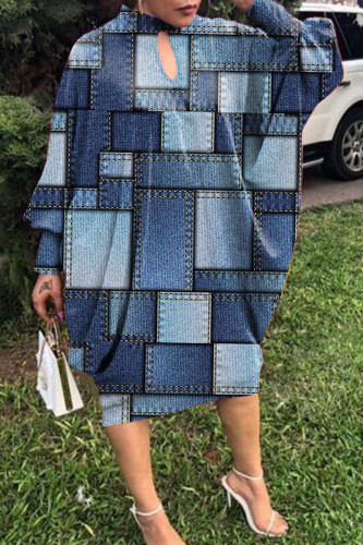 Blue Casual Print Hollowed Out Half A Turtleneck Long Sleeve Dresses