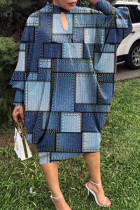 Blauwe casual print uitgeholde halve coltrui jurken met lange mouwen