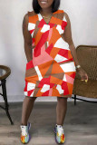Orange Casual Print Basic V-hals ärmlösa klänningar