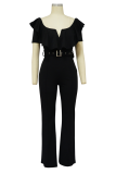Black Casual Solid Patchwork Off the Shoulder Boot Cut Jumpsuits
