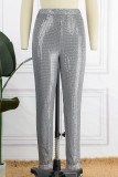 Серебряные повседневные брюки-карандаш в стиле пэчворк с высокой талией и блестками в стиле пэчворк
