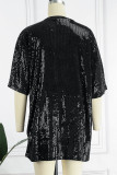 Zwarte casual letter pailletten patchwork O-hals A-lijn jurken