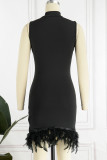 Noir Sexy Casual Patchwork Solide Plumes Demi Un Col Roulé Robe Sans Manches Robes