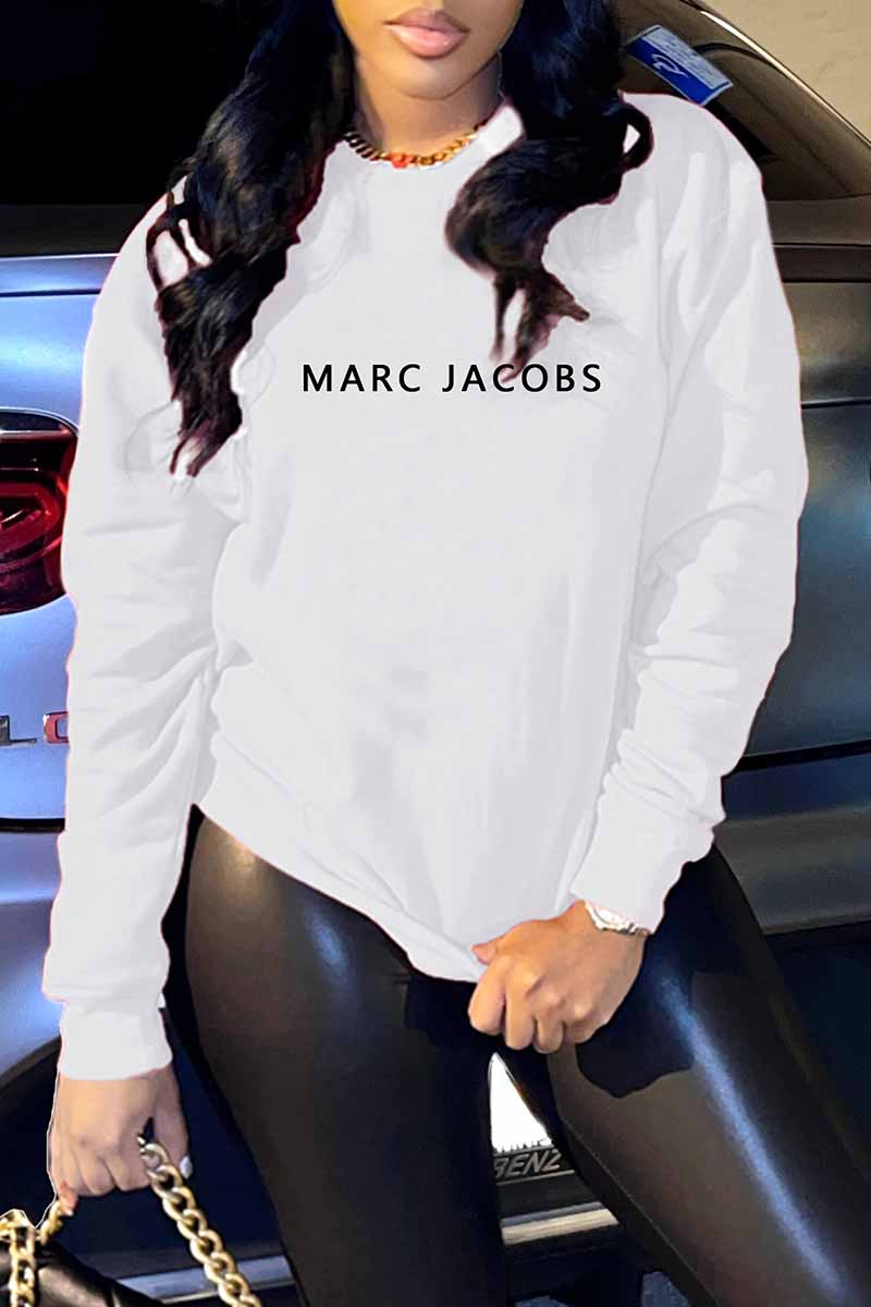 

White Casual Print Letter O Neck Tops