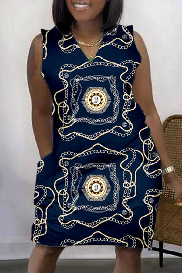 Tibetansk blå Casual Print Basic V-ringad ärmlös klänning