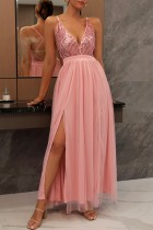 Розовое сексуальное вечернее платье с блестками и блестками в стиле пэчворк с открытой спиной и разрезом на бретелях