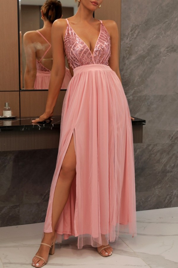Розовое сексуальное вечернее платье с блестками и блестками в стиле пэчворк с открытой спиной и разрезом на бретелях
