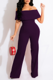 Paarse casual stevige patchwork off-shoulder bootcut jumpsuits