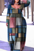 Многоцветный Повседневный принт Пэчворк Базовый V-образный вырез Длинный рукав Платья больших размеров