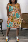 Apricot Casual Print Basic V-Ausschnitt ärmellose Kleid Kleider