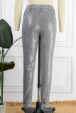 Pantaloni patchwork a matita a vita alta regolari con paillettes patchwork casual argento