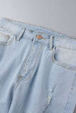 Jeans de mezclilla ajustados de cintura alta rasgados sólidos informales azul bebé