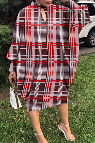 Red Casual Print Hollowed Out Half A Turtleneck Long Sleeve Dresses