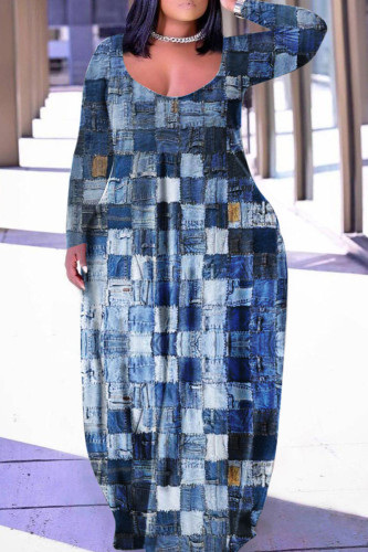 Blue Casual Print Patchwork Basic V Neck Long Sleeve Plus Size Dresses