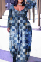Robes bleu marine décontracté imprimé patchwork basique col en V manches longues grande taille
