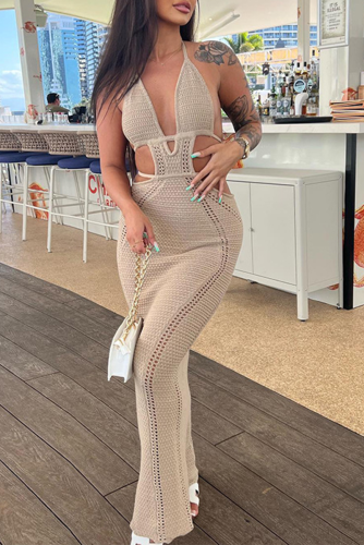 Khaki Casual Solid Hollowed Out Halter Pencil Skirt Dresses