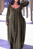 Черный хаки Повседневный принт Пэчворк Базовый V-образный вырез Длинный рукав Платья больших размеров