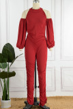 Red Sexy Casual Solid Bandage Backless Halter Skinny Jumpsuits