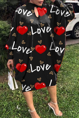 Black Casual Print Hollowed Out Half A Turtleneck Long Sleeve Dresses
