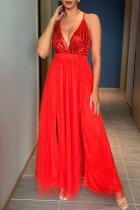 Rotes sexy formales festes Pailletten-Patchwork-rückenfreies Schlitz-Spaghetti-Träger-Abend-Kleid-Kleider