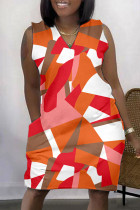 Oranje Casual Print Basic V-hals mouwloze jurkjurken