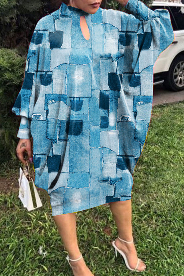 Blauwe casual print uitgeholde halve coltrui jurken met lange mouwen