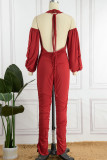 Red Sexy Casual Solid Bandage Backless Halter Skinny Jumpsuits