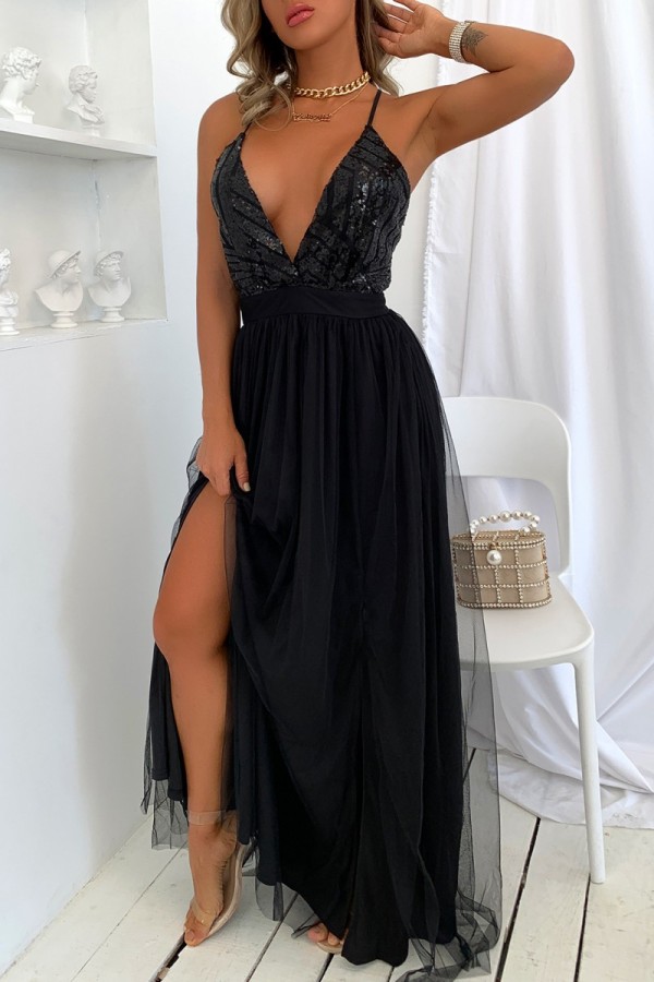 Черное сексуальное вечернее платье с блестками и блестками в стиле пэчворк с открытой спиной и разрезом на бретельках