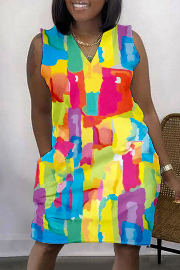 Цветное повседневное платье с принтом, базовое платье без рукавов с V-образным вырезом, платья