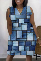 Blau Casual Print Basic V-Ausschnitt ärmellose Kleid Kleider