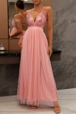 Розово-красное сексуальное вечернее платье с однотонными блестками в стиле пэчворк с открытой спиной и разрезом на тонких бретельках Платья